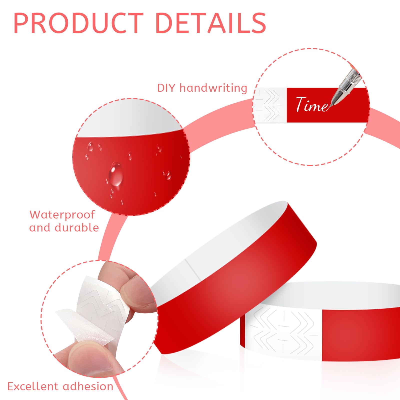 400 Pulseras de Papel Impermeables, Pulseras para Eventos con Etiquetas Personalizables, Brazaletes de Control Reutilizables para Fiestas, Festivales, Clubes y Conciertos (Rojo)