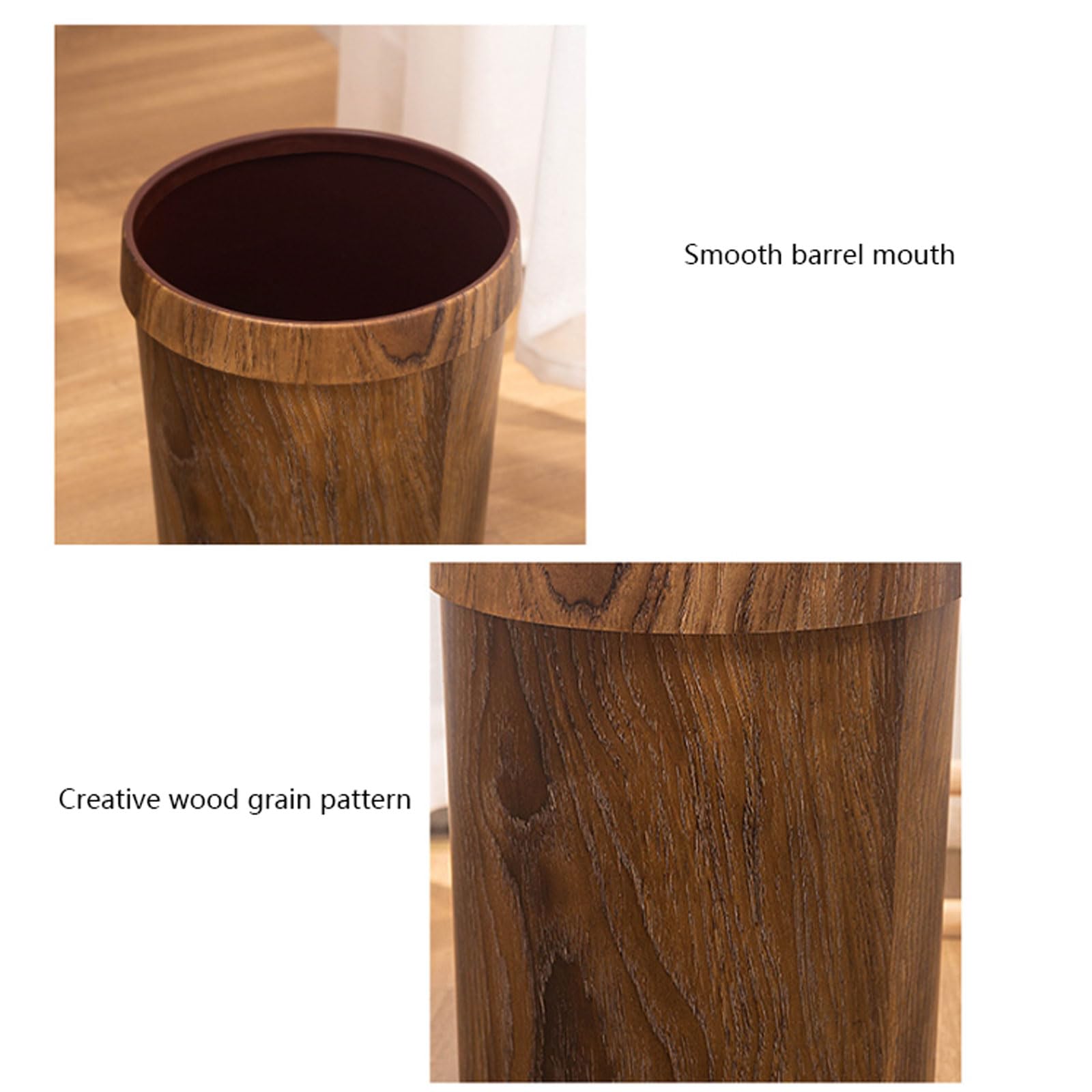 NOLLAM Papelera Bote de basura de grano de madera, contenedor de basura redondo rústico de 10L, papelera de plástico para baño, dormitorio, cocina, hogar y oficina Basurero Cocina