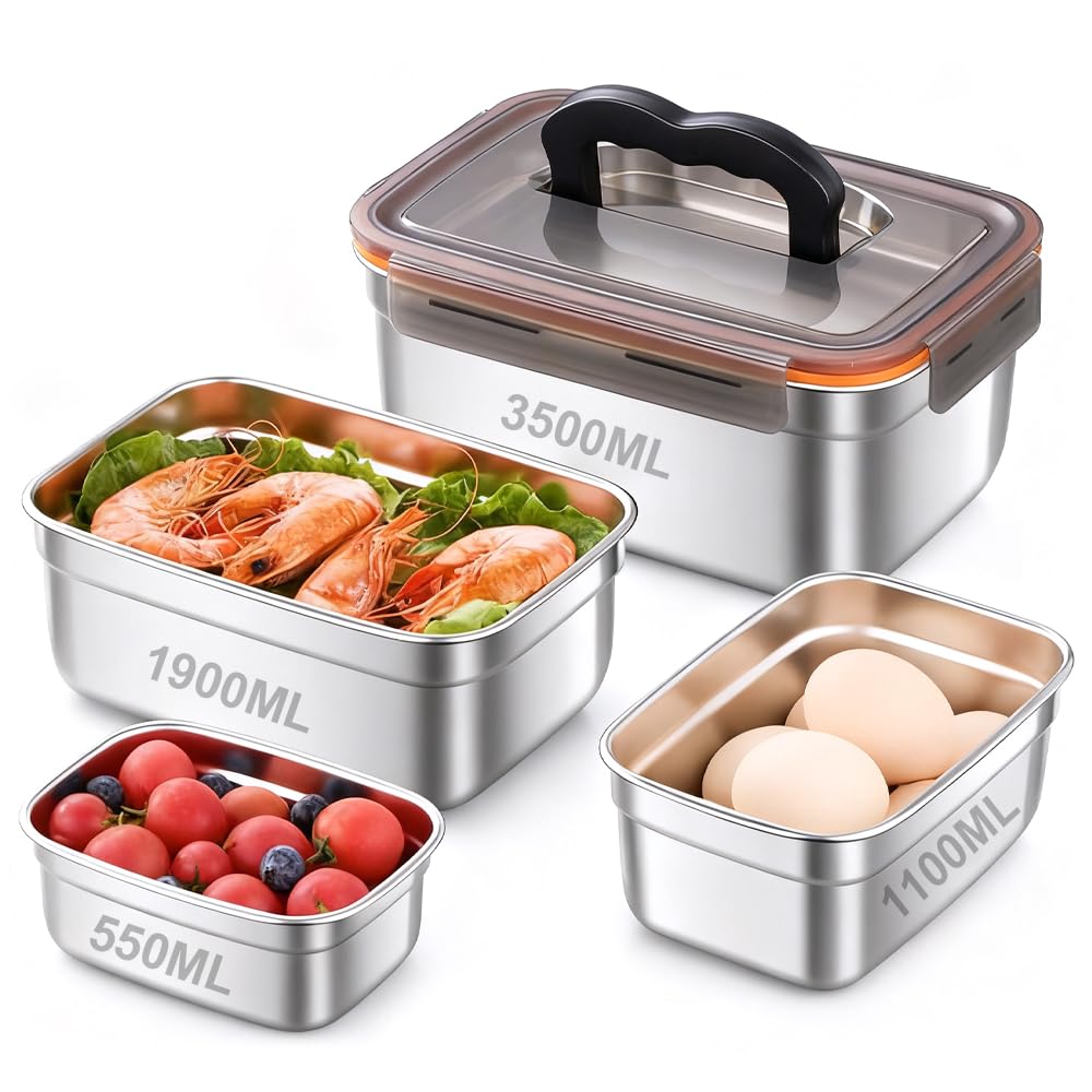 4 PCS Recipientes de Acero Inoxidable 550/1100/1900/3500 ml, Fiambrera de Acero Inoxidable Hermetica con Tapa, Contenedores Comida para Congelador para Cocina Trabajo -Aptas para Lavavajillas