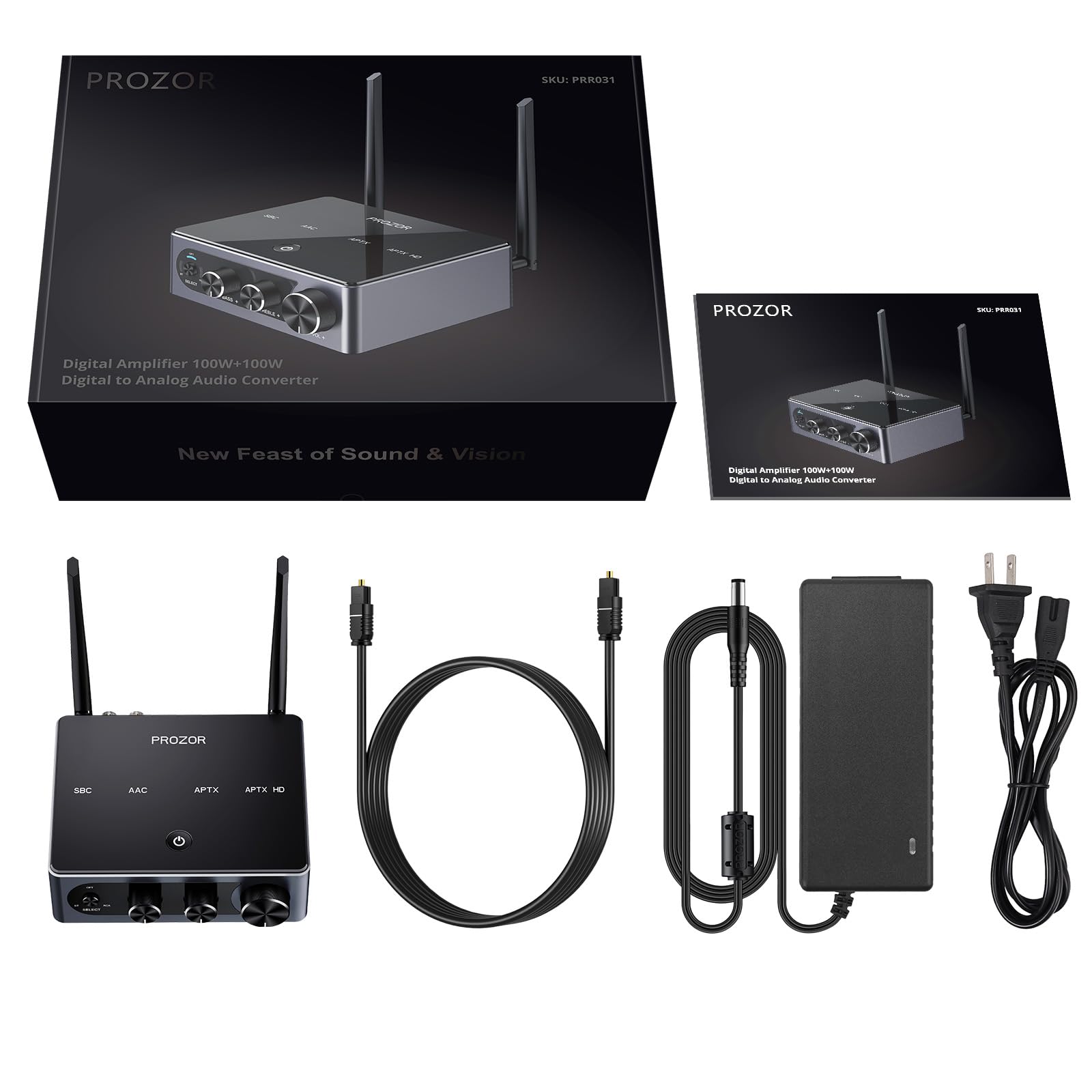 PROZOR Amplificador Audio 100W x 2 Soporta APTX-HD ACC HiFi Bluetooth 5.2 Sonido de Entrada óptica 192khz/24Bit con Control de Volumen de Agudos Graves para Altavoz Pasivo