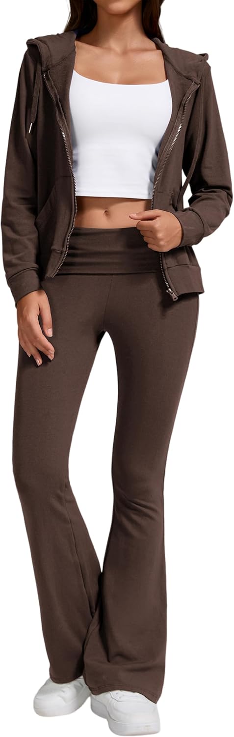 Women’s 2-Piece Lounge Outfit-Lightweight Zip-Up Hoodie with Pockets & Low Rise Flare Leggings Yoga Sweatsuit Set