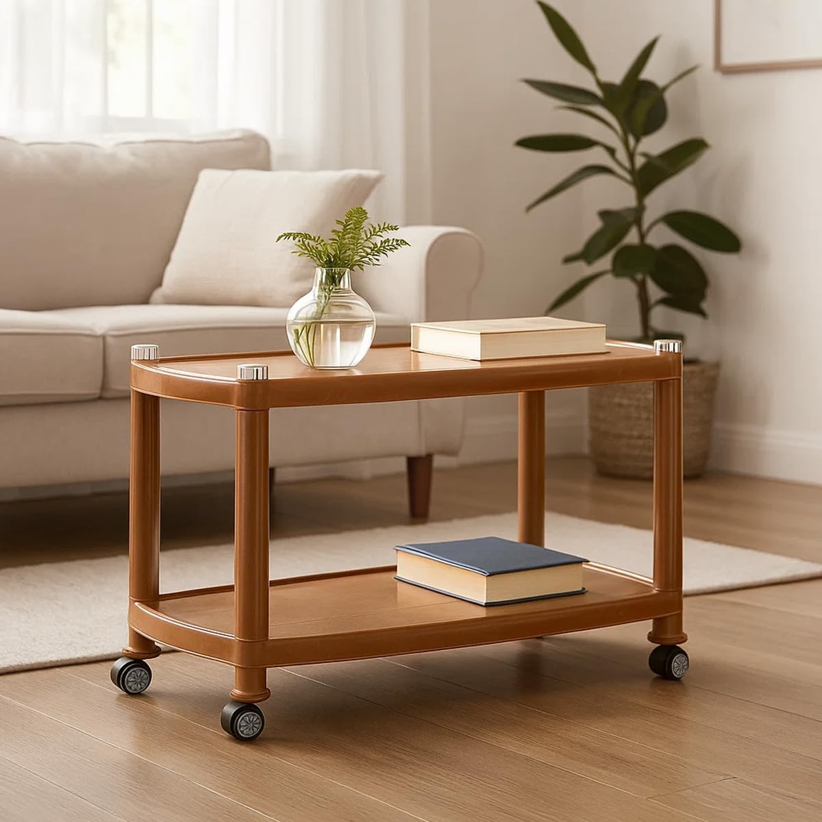 Nilkamal CENTBL5 Contemporary Center Trolley Coffee Table/Tea Table/Teapoy for Home/Living Room/Office & Outdoor (Plastic), Pear Wood