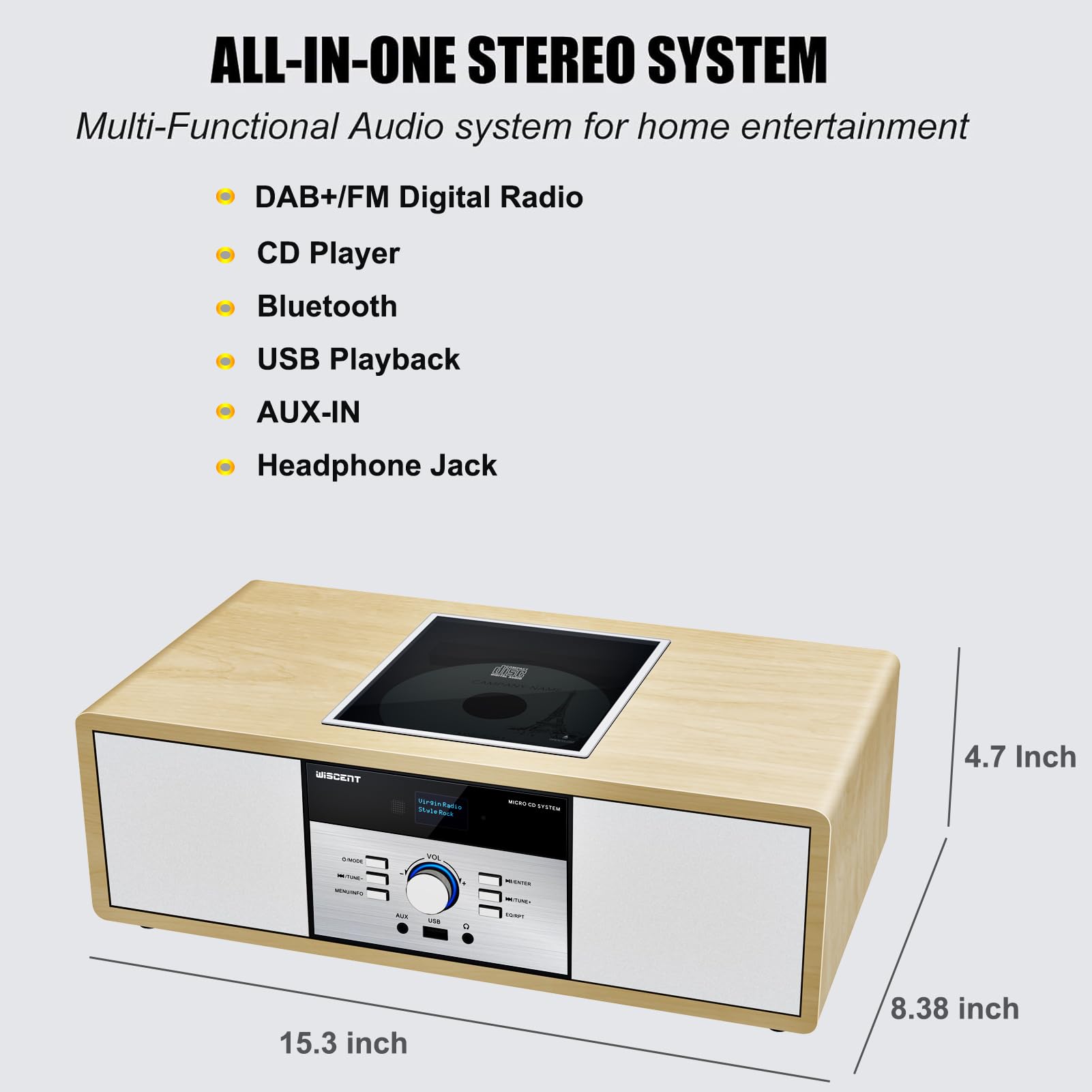 Chaine Hi-Fi Radio DAB+ Lecteur CD Bluetooth FM USB 30W Télécommande Design Rétro