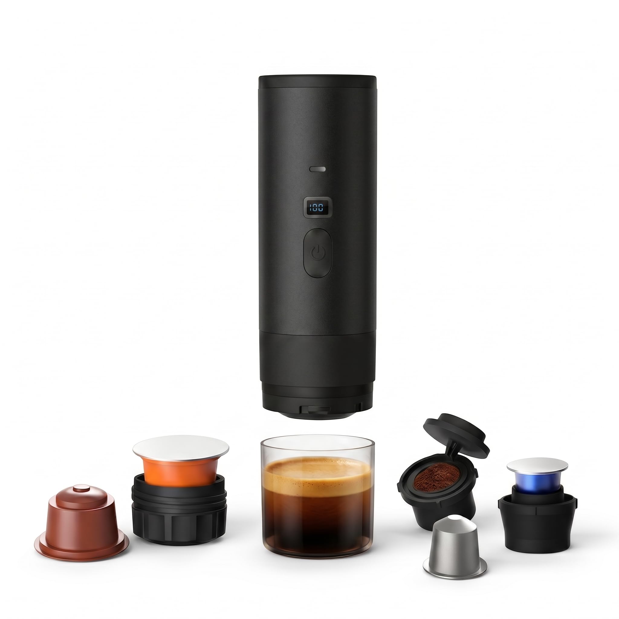 Macchina Caffè Espresso Portatile 3 in 1, Macchina da Caffè Italiana Automatica con Funzione Riscaldamento, Compatibile con Capsule Grandi, Piccole e Polvere, Batteria Ricaricabile USB (Nero)