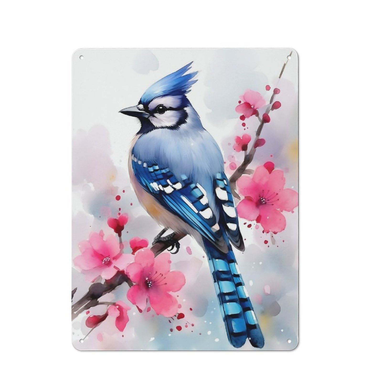 Junmoney Blue Jay Cherry Blossom For Garden Room Or Summerhouse, Retro Metal Sign 40X30cm, For Metal Sign Collectors, For Vintage Wall Decor Fans