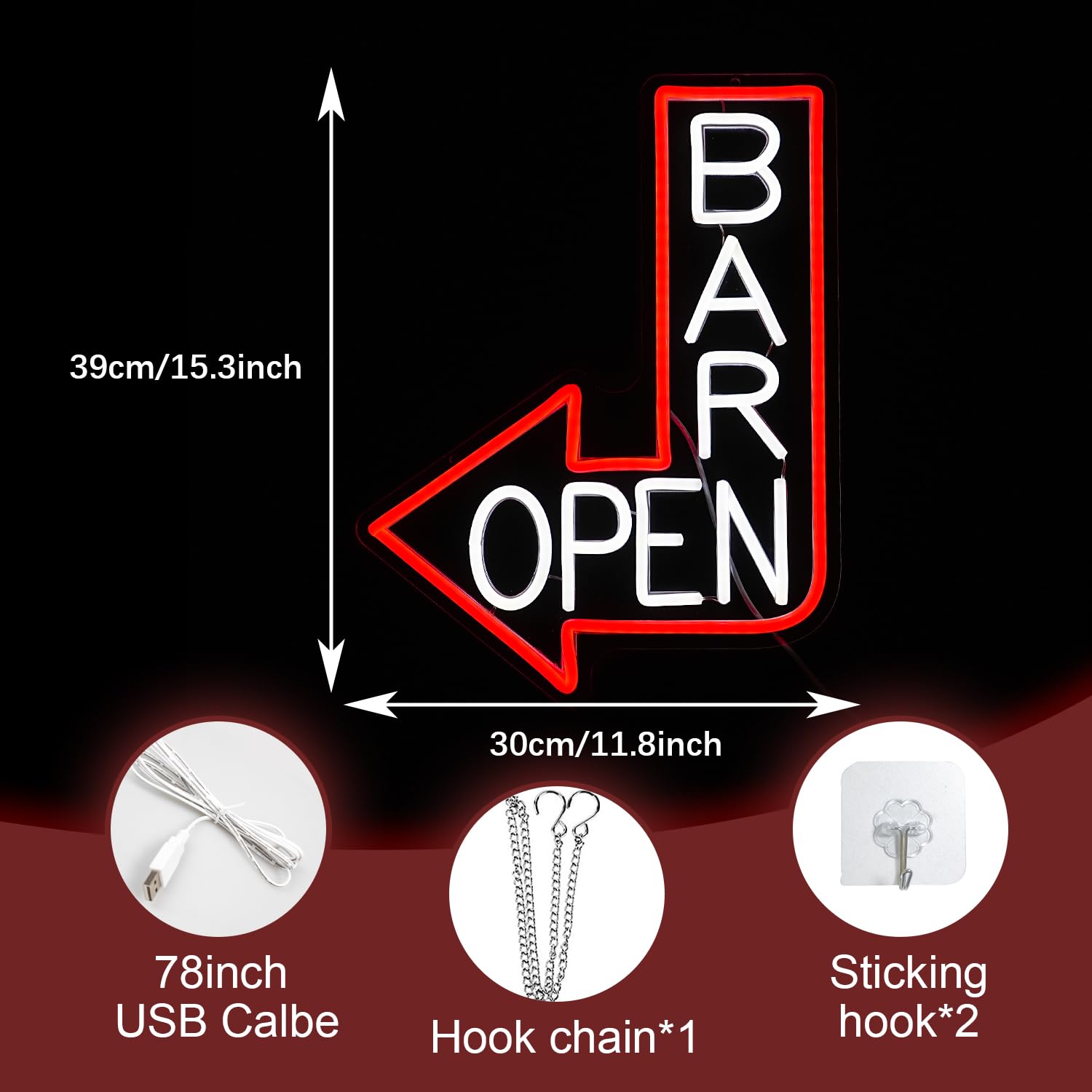 LIUOZHTEA Bar Open Neon Sign LED Open Neon Light for Wall Decor Dimmable USB Bar Open Light Up Sign for Bar Pub Restaurant Business Occasions Man Cave(15.4 * 11.8In), Red White