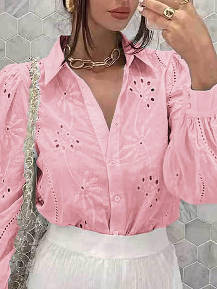 Oversize Boho Szydełkowa Bluzka dla kobiet: Koszula z długim rękawem z guzikami i haftem z oczkami, luźny krój Tunika Top, Letnia odzież na plażę