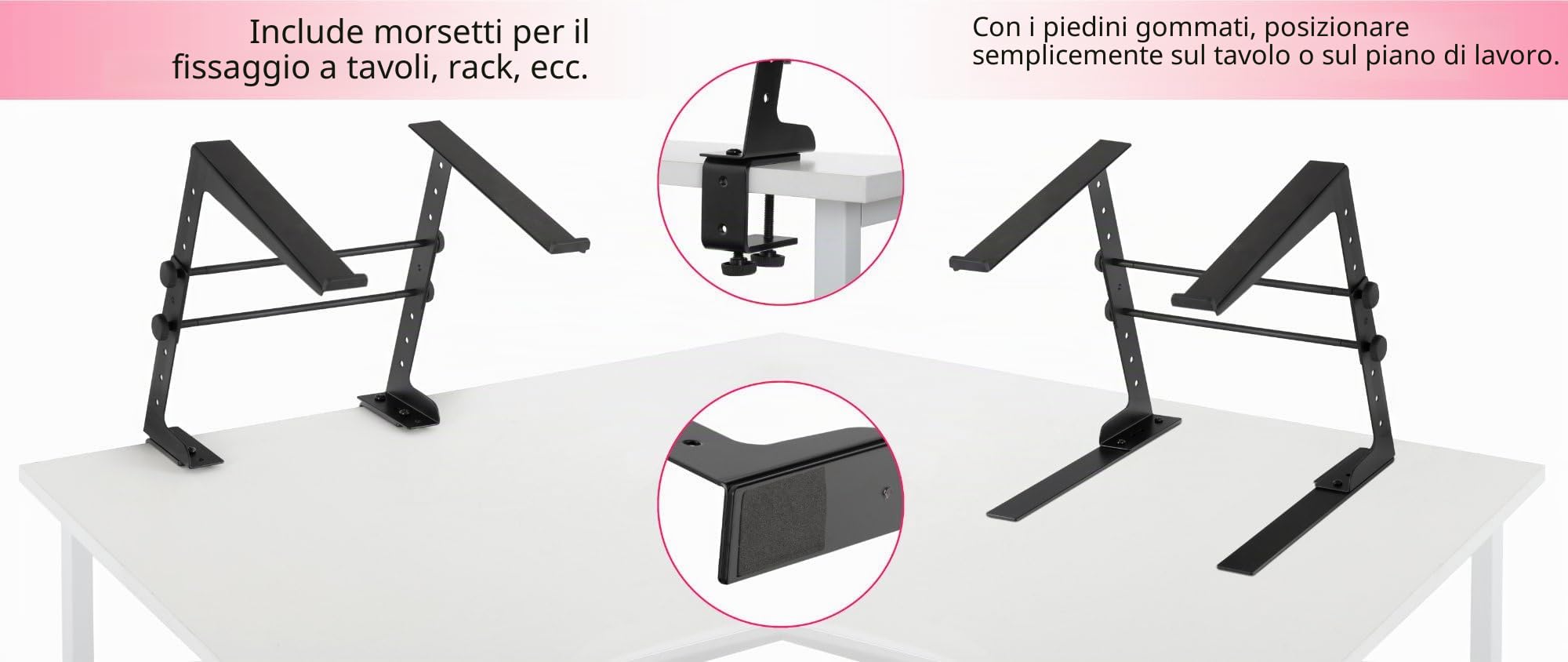 Pronomic LS-110 Supporto Laptop DJ Notebook Stand (Regolabile in Altezza, incl. morsetti di fissaggio, ideale per DJ e musicisti, materiale: acciaio) Nero