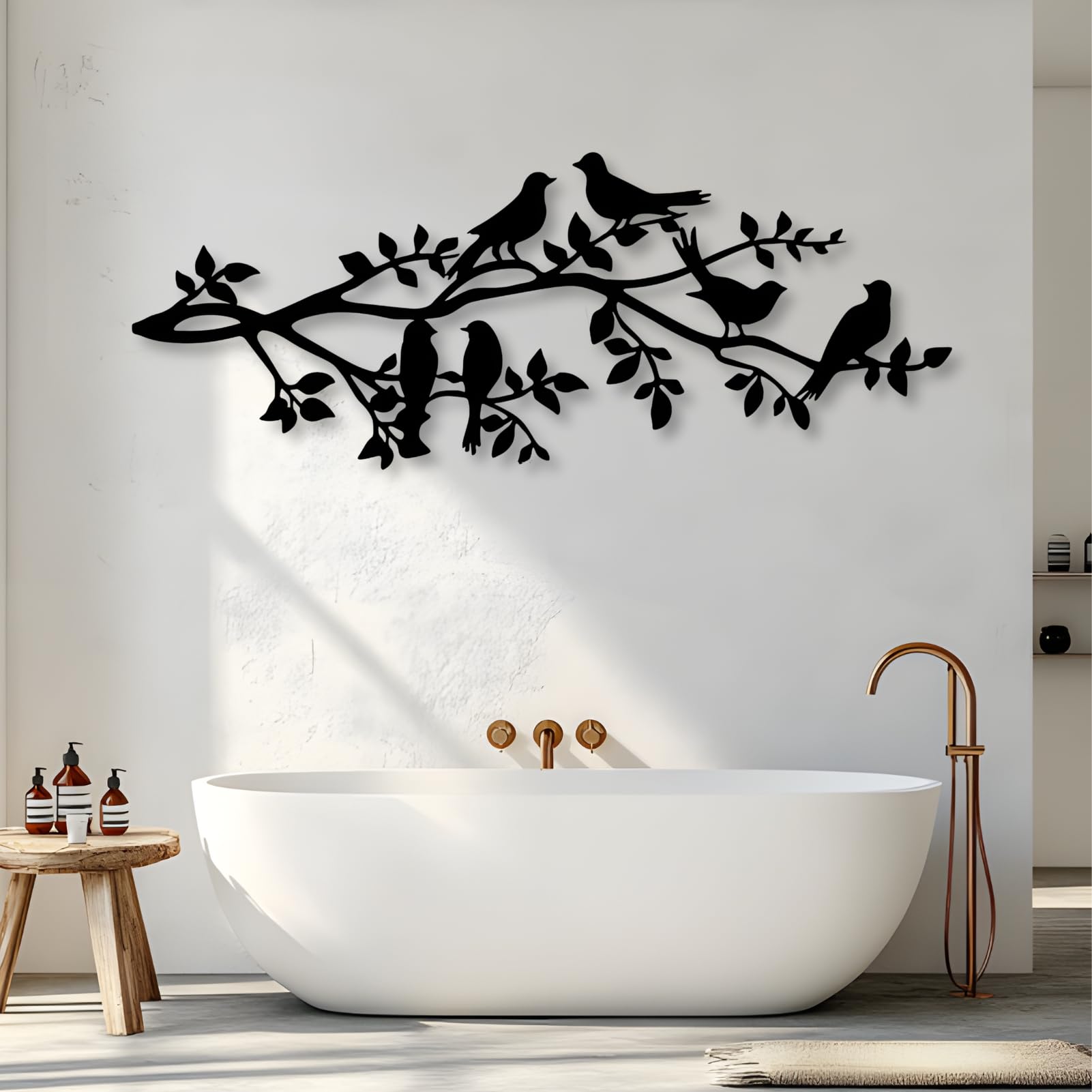 Oiseau sur branche en métal, sculpture moderne 76x29 cm de qualité
