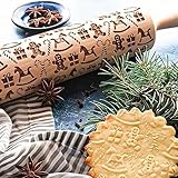 Christmas Wooden Rolling Pin for Baking Engraved Embossing Rolling Pin Cookie Stamps Roller Square Grid Cookies Mold Kitchen Decor Tools for Baking Embossed Cookies (Gingerbread Man)