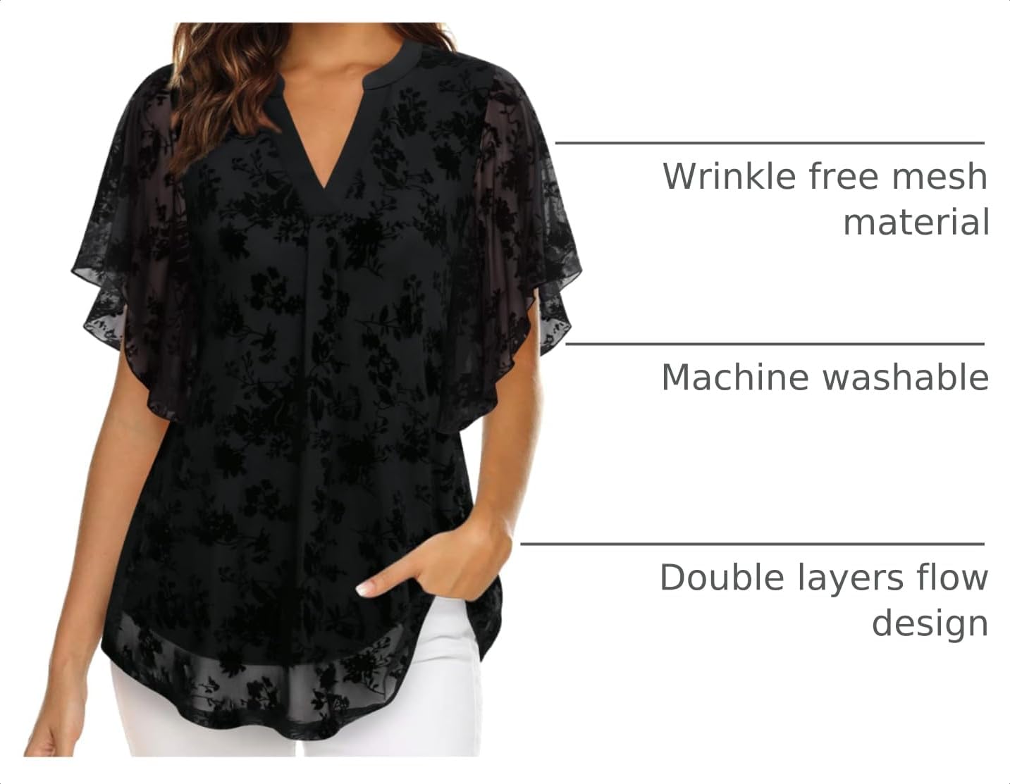 Timeson Women's Short Sleeve V Neck Blouses Shirts Floral Double Layers Mesh Tunics Tops
