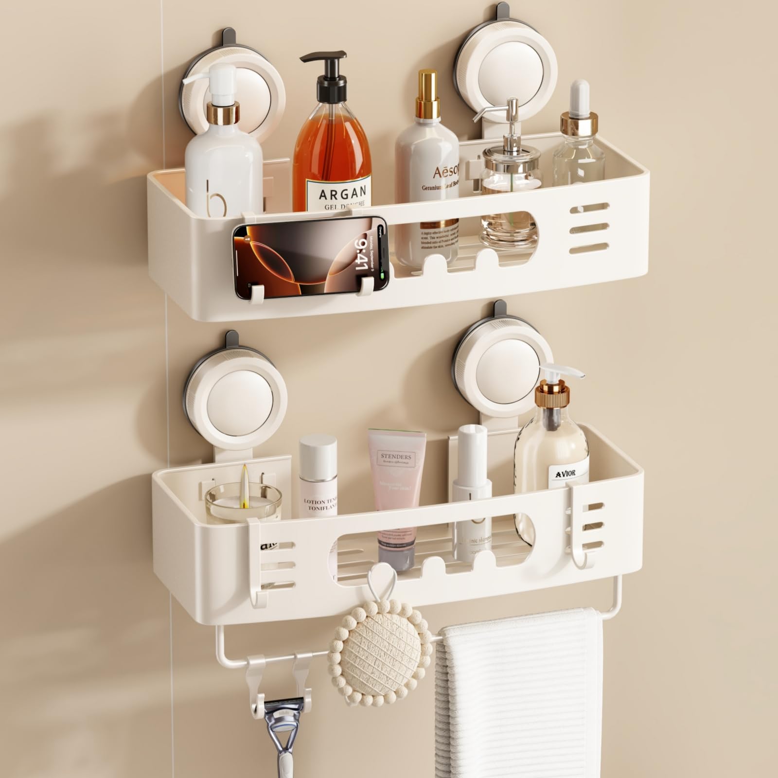 Photo 1 of Voldra Shower Caddy Suction Cup, Shower Shelves for Inside Shower No Drilling, Aluminum Suction Showers Organizer for Wall with Towel Bar & Hooks Removable Bathroom Storage Rack (2 Pack-Cream White)