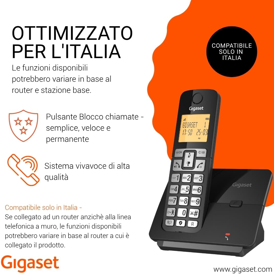 Gigaset Essential 320 - Telefono fisso senza fili con blocco chiamate, display luminoso da 1,8"", vivavoce, rubrica, lunga durata della batteria, modalità ECO, nero [Versione Italiana]