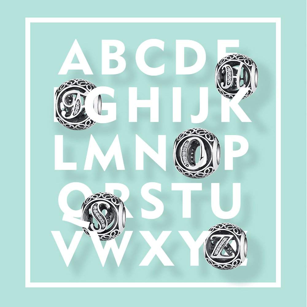 NINGAN Argent Sterling 925 Charme Lettre de l'alphabet Femmes Pearl Charms avec 5A Zircone Compatible pour Européen Bracelets