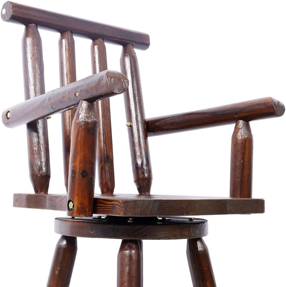 Rustic Log Cabin Swivel Bar Stool – 360° Swivel, Backrest & Armrests, 29.3" Seat Height, 500 lb Capacity, Tall Wooden Bar Chair for Kitchen, Bistro, Pub, Café,Brown