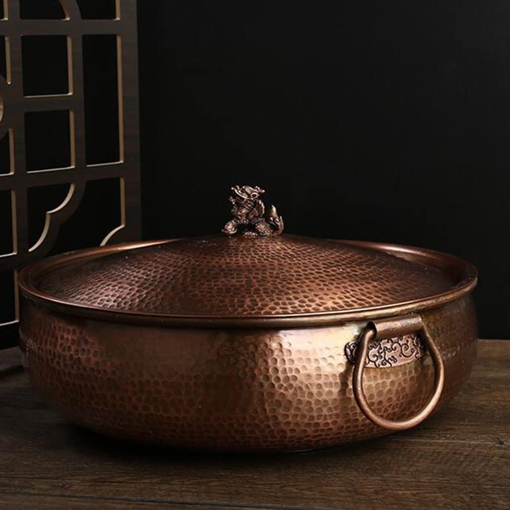 INUUXLG Chinese Style Induction Cooker Copper Hot Pot Red Copper Handmade Copper Mutton Soup Pot with Sauerkraut and Kylin Copper Pot(32cm) (Brass 34cm)
