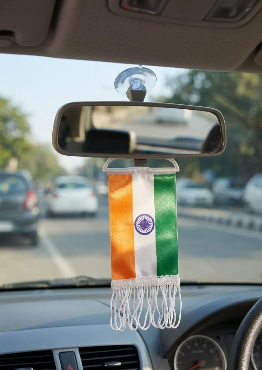 American Flag Car Rear View Mirror Hanging Ornament, Patriotic USA Flag Pennant with Suction Cup, Red White and Blue (India)-image-11