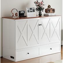 BALUS 63' W Murphy Bed Queen with Mattress Included, Queen Size Murphy Bed with Mattress & USB Charging Station & Storage Drawer, Murphy Cabinet Beds for Living Room/Home Office/Bedroom-White