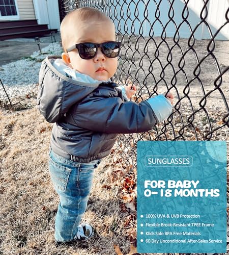 Flexible Polarized Baby Sunglasses with Strap Adjustable for Toddler & Newborn Infant 0-18 Months (Dark Blue/Gray + Matte Black/Gray) - 2 Pack