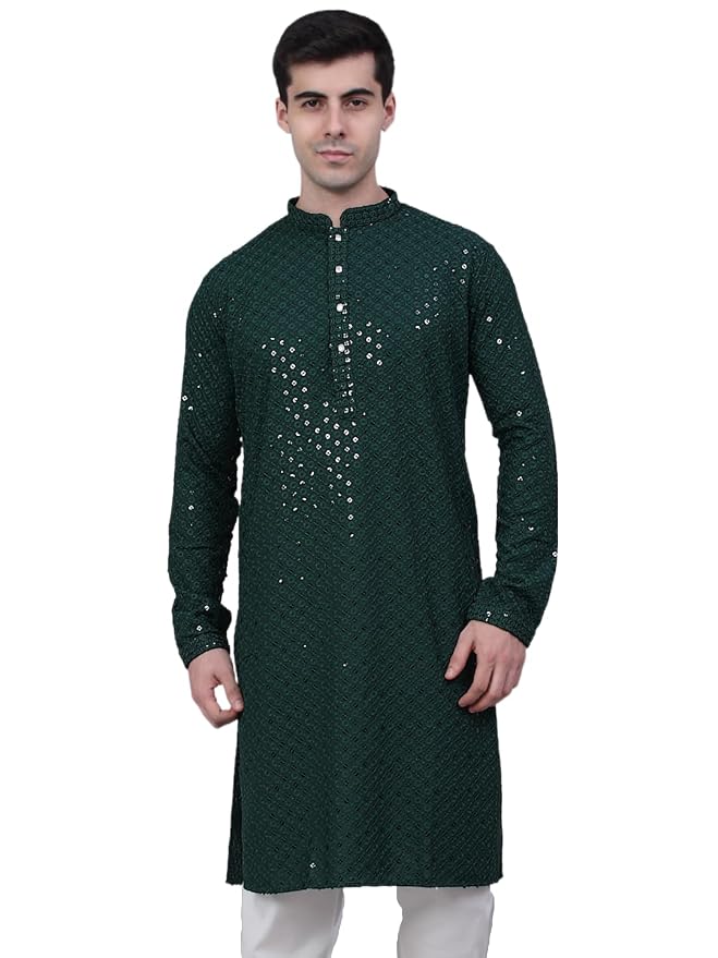 Jompers Men's Regular Fit Cotton Chikankari Embroidered and Sequence Kurtas