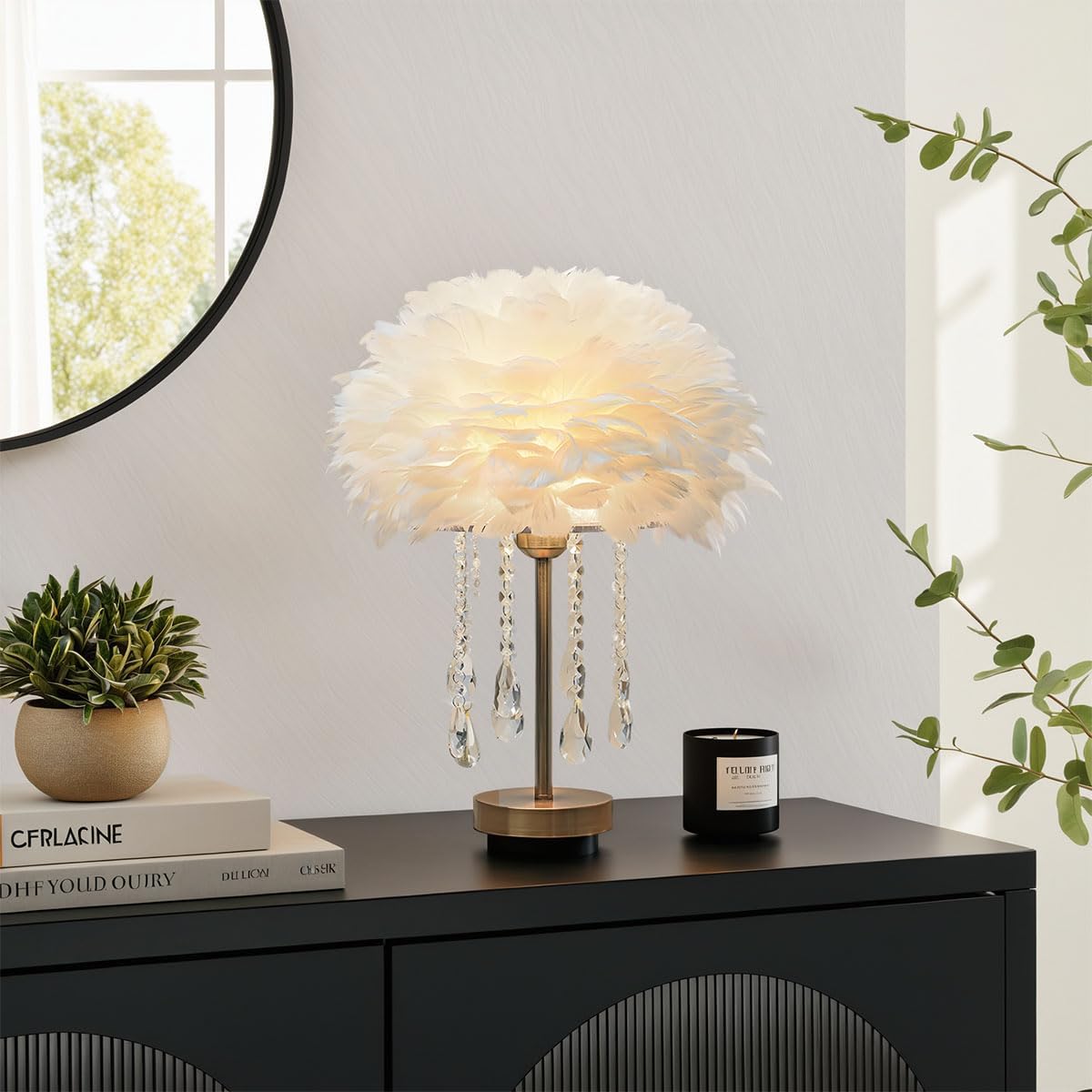 Fandian Feather Table Lamp White with LED Bulb Plug in Feather Night Lights Bedside Lamps for Mother Girlfriend Home Girl Room Wedding Decoration