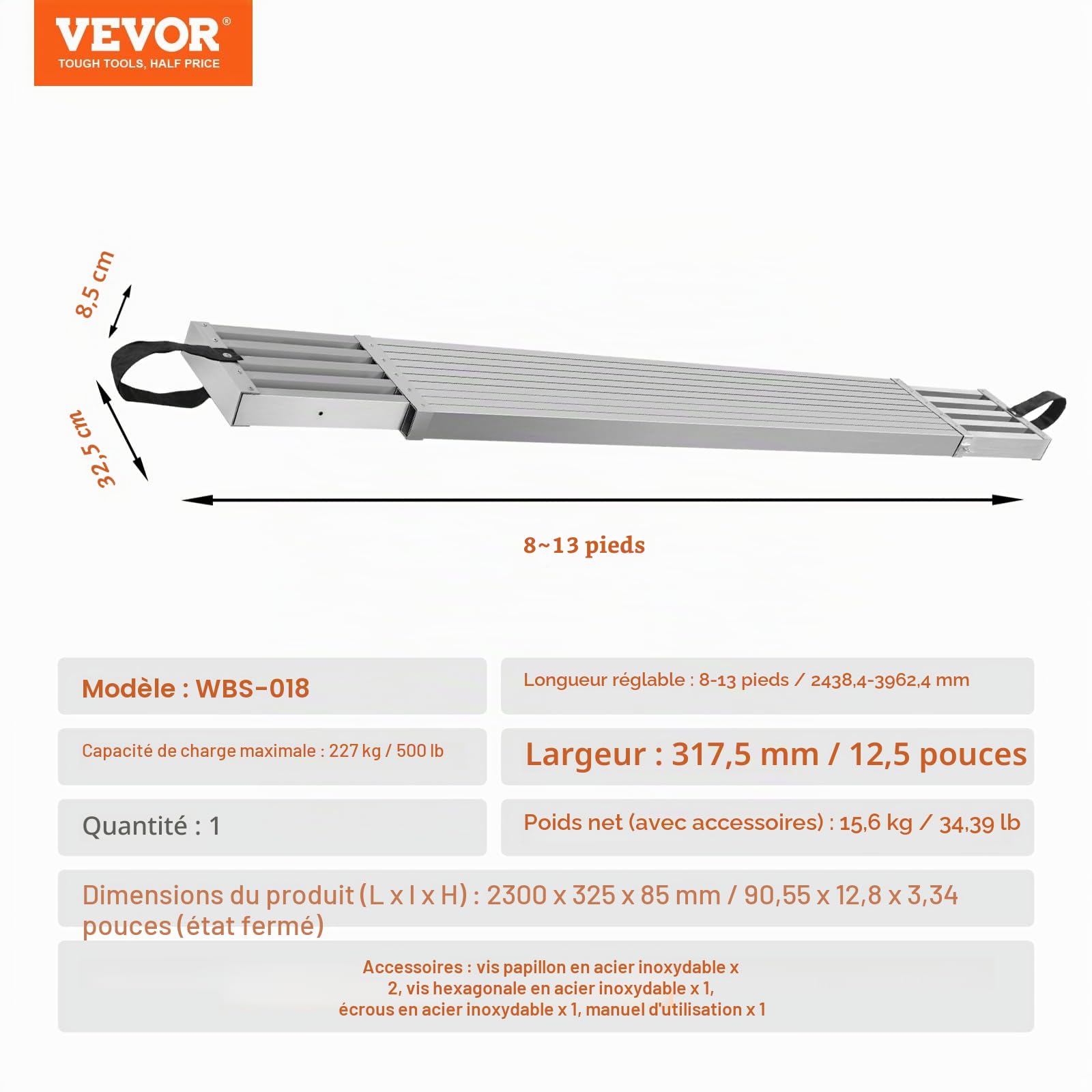 VEVOR Planche d'Échafaudage Télescopique en Aluminium 2,44-3,96 m, 317,5 mm Largeur, 227 kg, Extension Avec Plate-forme Antidérapante, Accessoire d'Échelle