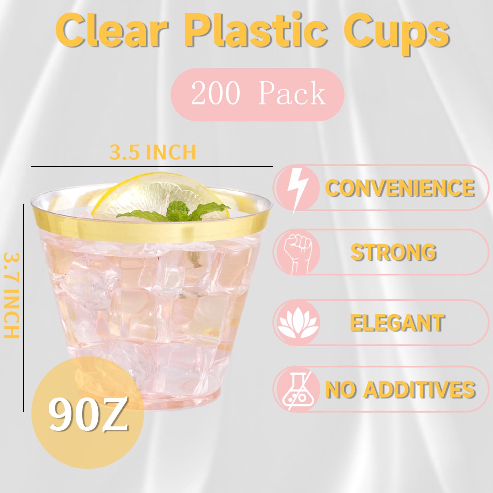 WELLIFE 200 PCS Gold Plastic Cups,9 oz Clear Plastic Cups,Disposable Wine Glasses,Plastic Cocktail Glasses for Party and Wedding — Amazon image 2