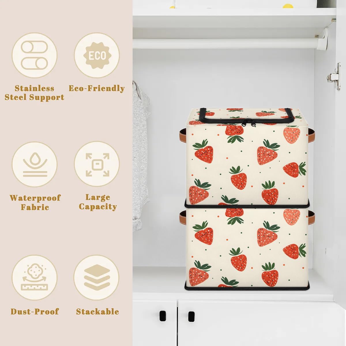Cute Fruit Strawberry Collapsible Stackable Storage Bins with Lids Fabric Closet Organizer for Clothes, Toys, Blankets and Home Storage