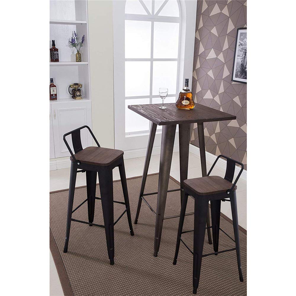 Lot de 4 Tabouret de Bar Metal,Tabouret Haut Industriel 84cm de Hauteur Assise avec Dossier et siège en Bois,pour Cuisine Bistrot Salle à Manger Intérieur et Extérieur,4 pièces (84 x 42 x 42 cm)