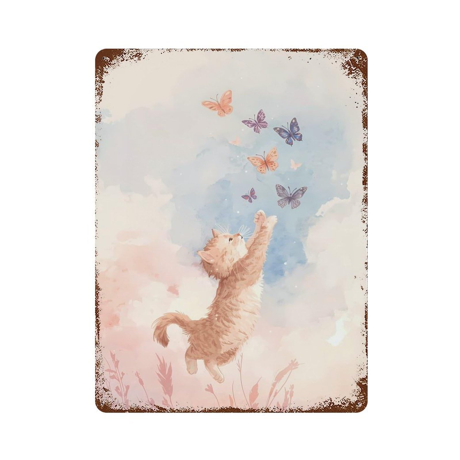 Watercolor Cat Chasing Butterflies 15.7"x11.8" Rust Effect Tin Sign, Rustic Home Decor for Office, Studio And Wall Decor
