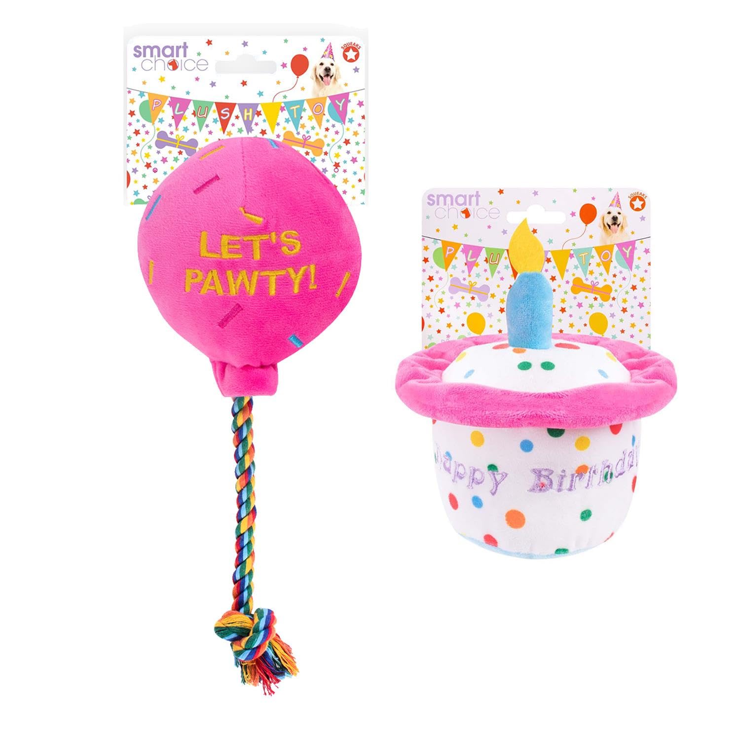 YöL Pink Plush Cake And Balloon Soft Toy Dog Puppy Pet Happy Birthday Set Squeaker Rope Tug of War