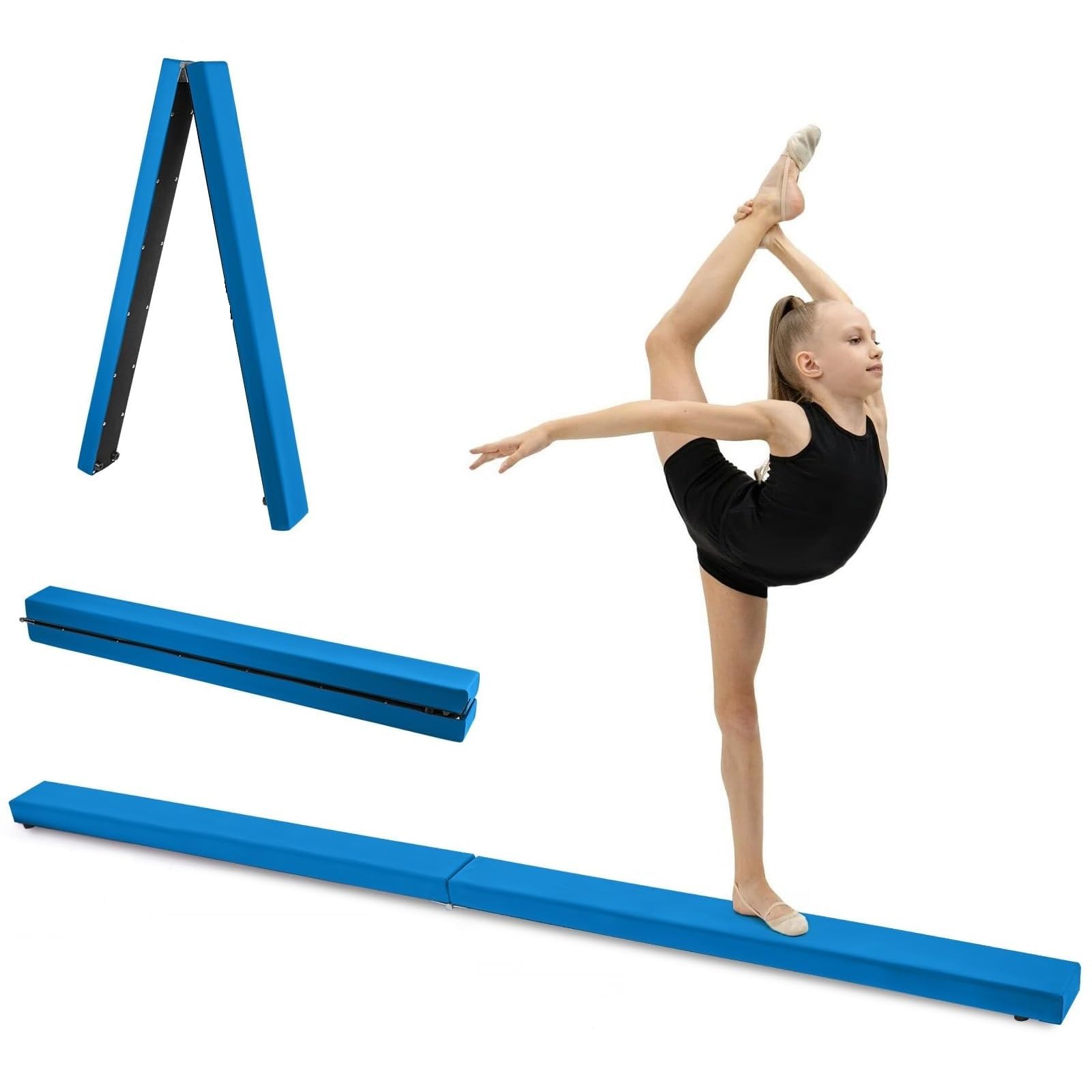 Holdfiturn 7FT 2.1M Folding Gymnastic Balance Beam - Ideal for Kids Training Home Gym Exercise Beginner to Pro, Non-Slip Surface (Blue)