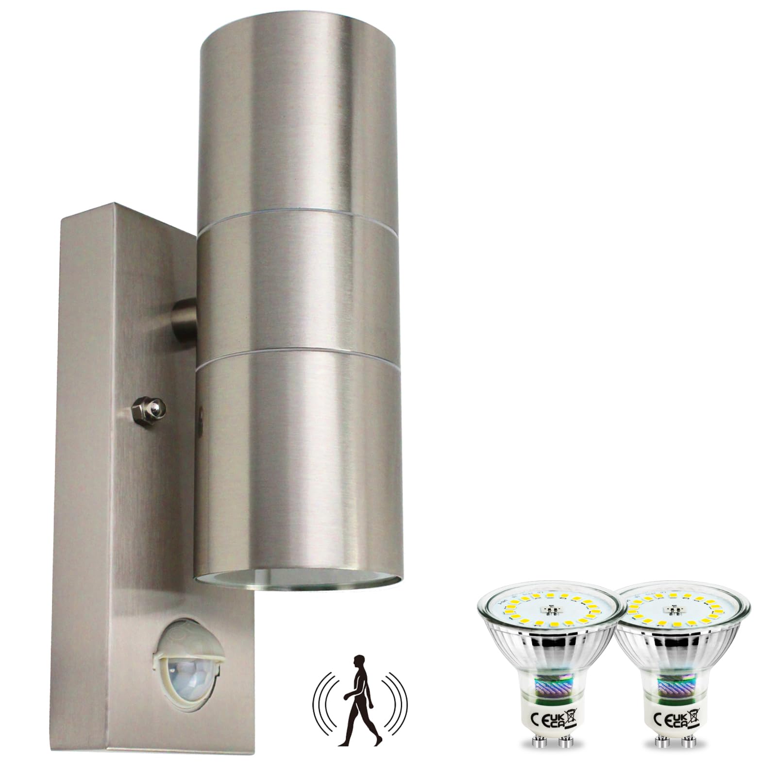 HiBay Aussenlampe mit Bewegungsmelder, Wandlampe Aussen mit Bewegungssensor Edelstahl Aussenleuchte Wand IP44 Up Down Wandleuchte 230V inkl. 2x GU10 Lampen Kaltweiß