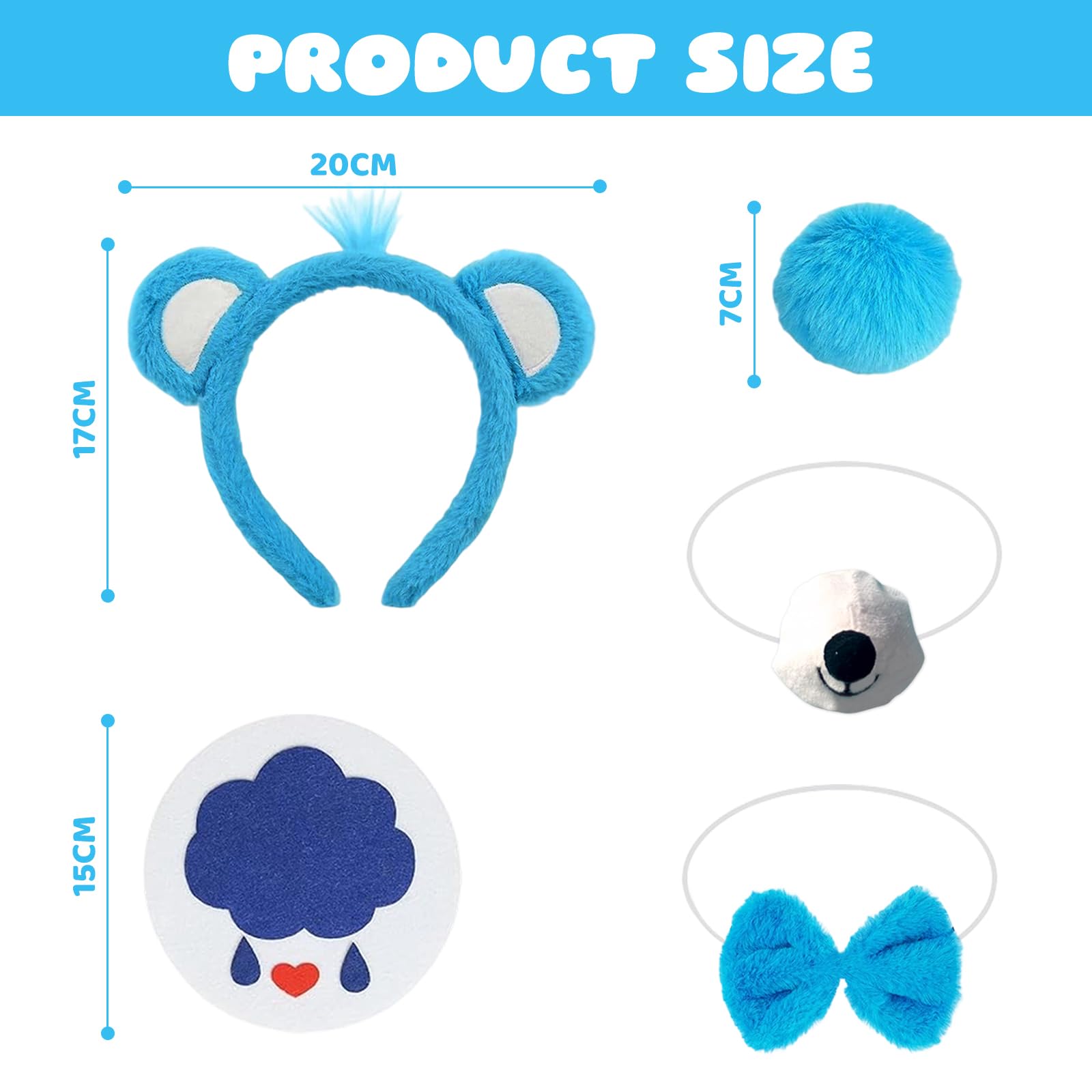 ZXTGBQ 5 Pcs Blue Bear Costume Accessories Furry Bear Ears Headband Nose Bow Tie Tail and Sticker Set Cute Animal Costume Accessory Kids Adult for Halloween Carnival Easter Cosplay World Book Day - Image 2