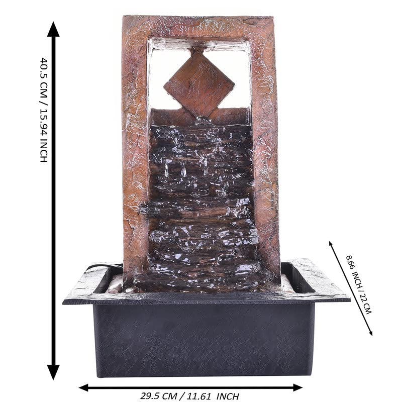 Image of Polyresin Golden Brown Designer Table Top Indoor Rock Finish Waterfall Fountain with Yellow LED Lights, Speed Controller Pump & Crystal Ball (Size: 40.5 x 29.5 x 22CM | Weight: 2240grm)
