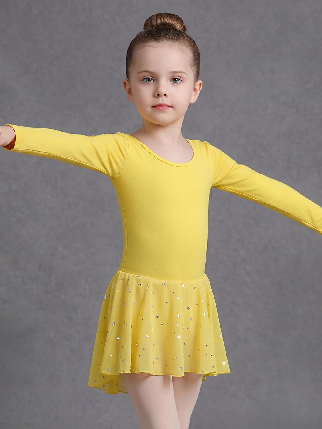 Mecceos Ballet Leotard for Girls Toddler Long Sleeve Star Sparkle Tutu Dance Dress with Cross Back