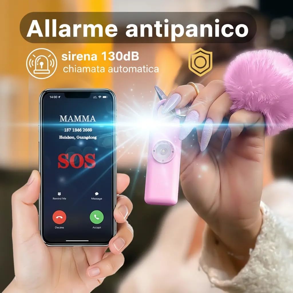 Portachiavi SOS Allarme Antipanico, Dispositivo Antiaggressione Chiamata Automatica, Invio Istantaneo Posizione GPS, Sirena 130dB, Difesa Personale e Autodifesa per Donne, Bambini e Anziani (Rosa)
