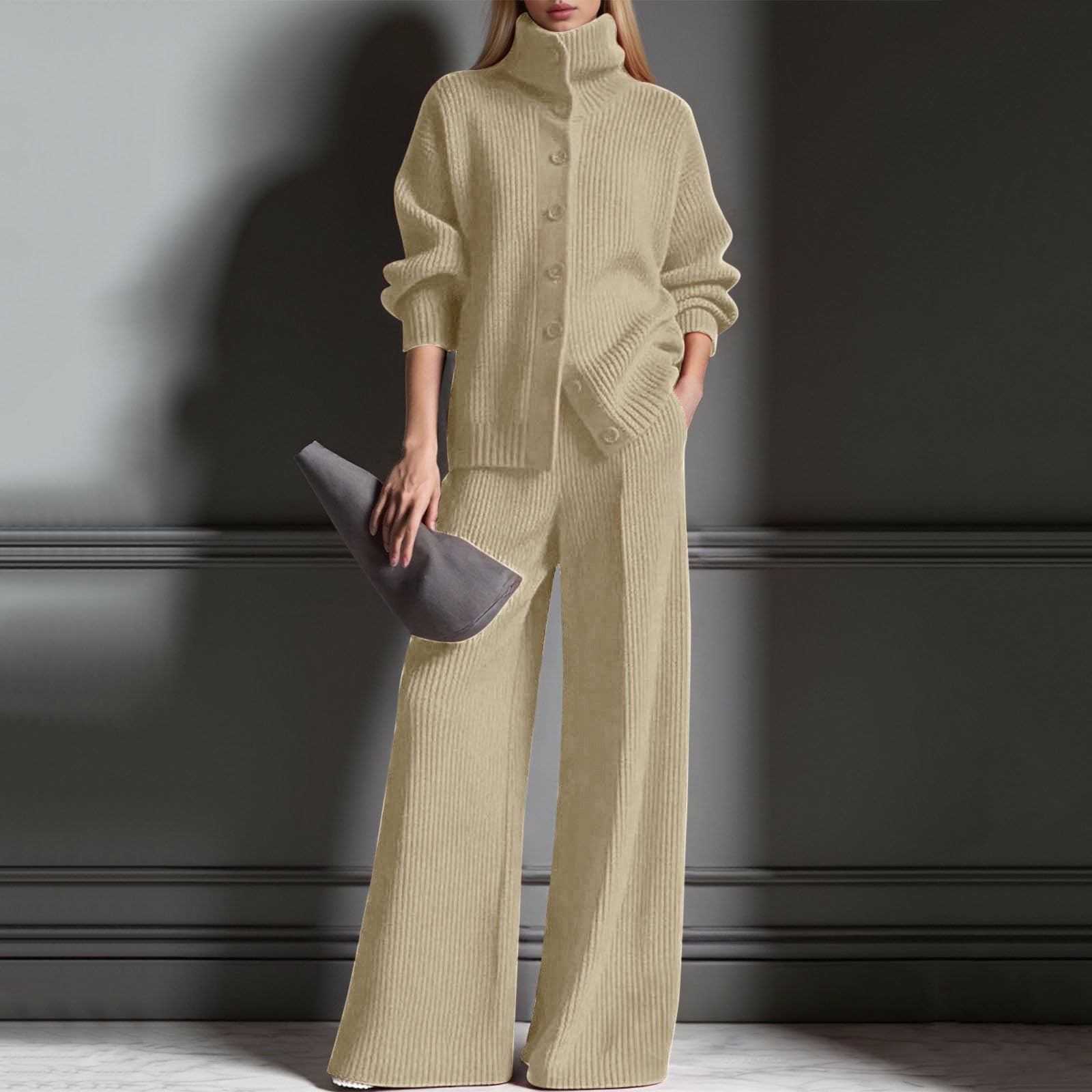 Elegante Top in Maglia da Donna e Pantaloni a Gamba Larga per Un Abbigliamento Moderno. Comodo Cardigan a Collo Alto con in Maglia Tinta Unita.
