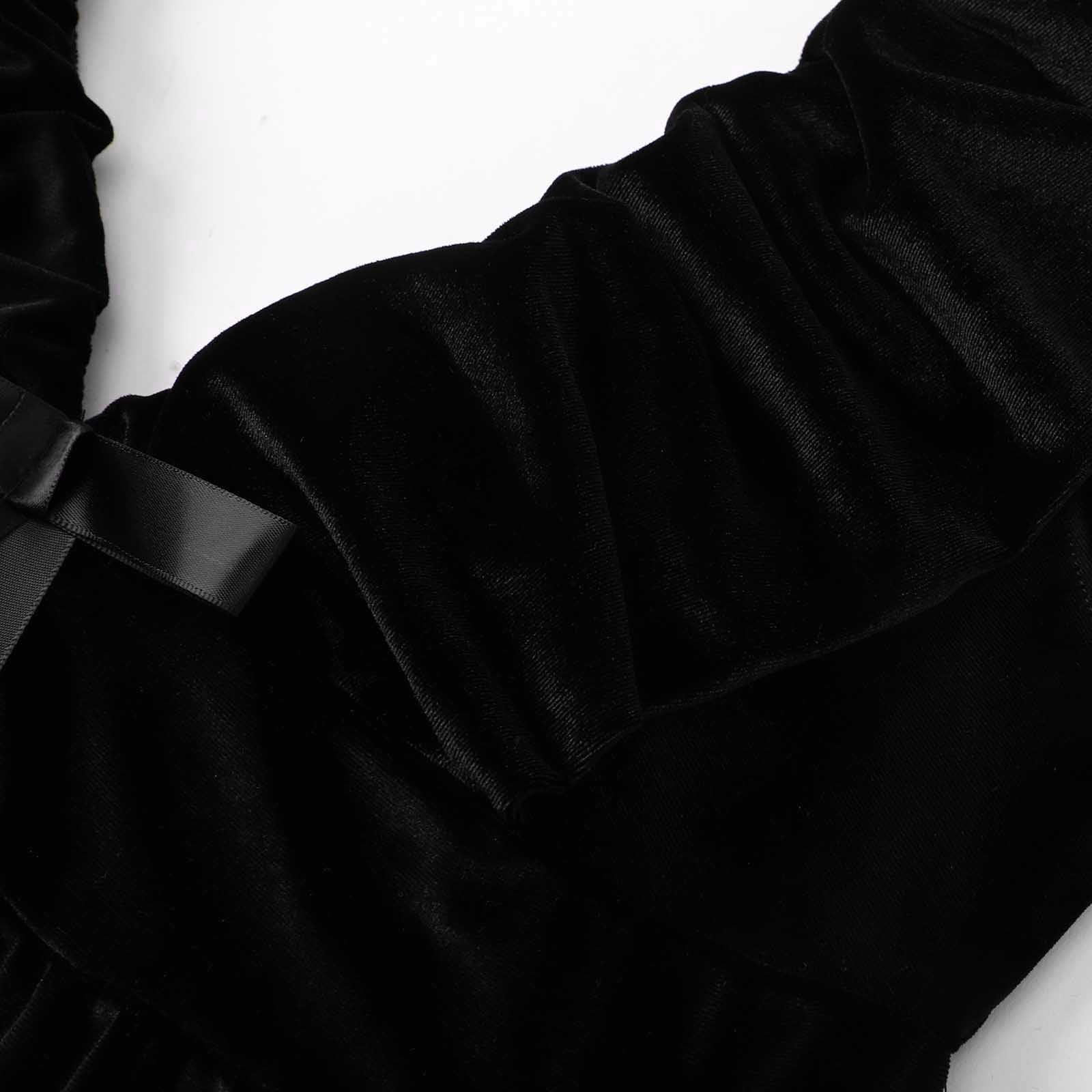 Robe en Velours satiné avec nœud pour Femme, col en V, Manches Bouffantes, Mini Robe Unie, Ligne A, Robe Courte plissée, soirée, Club Robe Noir Coupe Droite