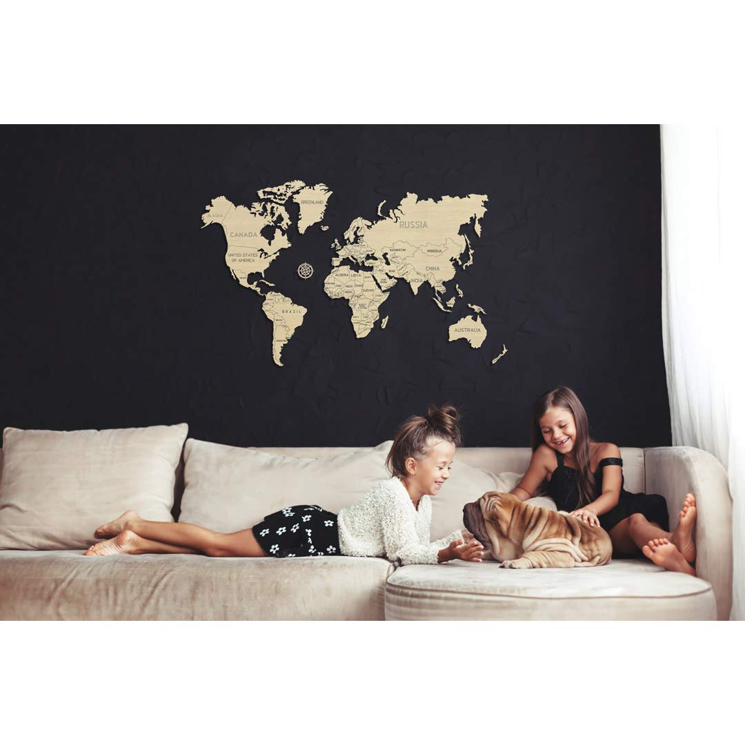 WOODEN.CITY Mapa del mundo de madera "L" El mapa del mundo de madera con fronteras nacionales grabadas, rompecabezas de madera de 83 x 55 cm: cintura L. Puzzle 3D