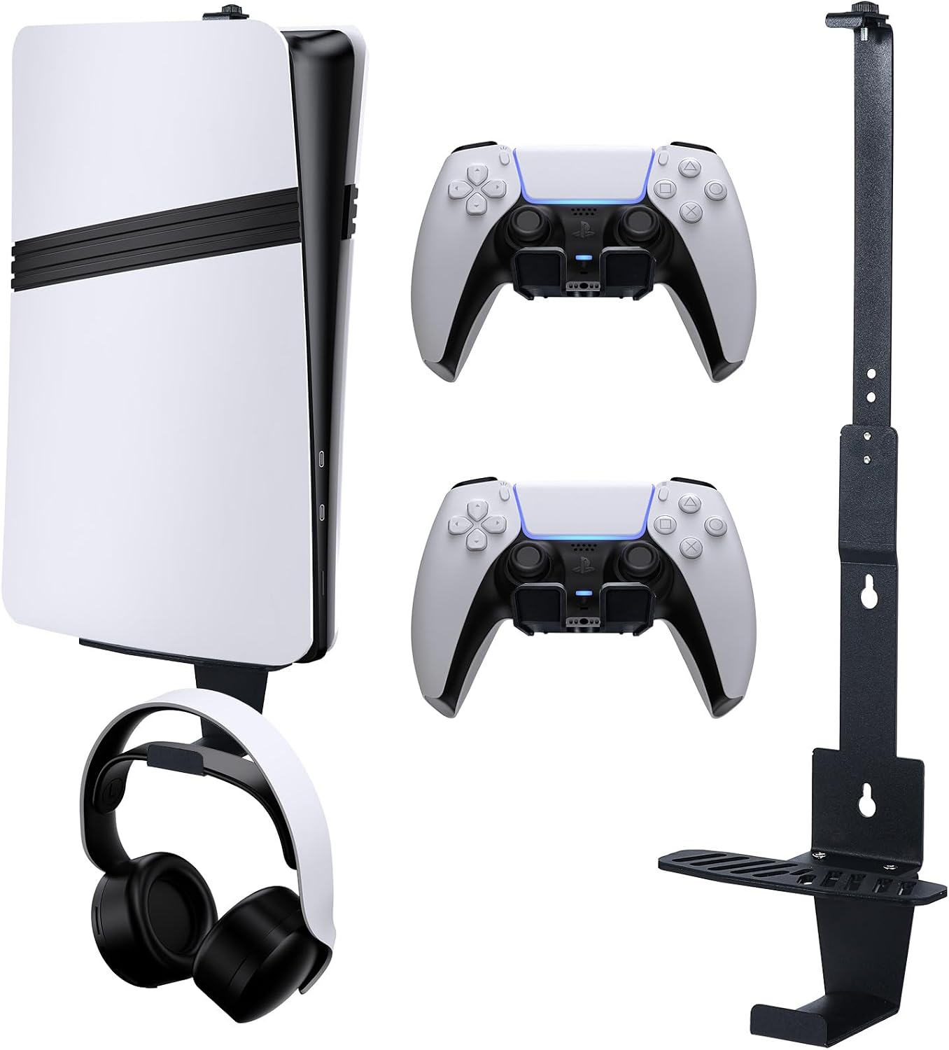 PS5 Wall Mount, Wall Bracket for Playstation5/PS5 Slim/PS5 Pro (Disc&Digital) Steel Playstation 5/Playstation 5 Slim/P5 Pro Wall Mount Bracket with Headphone Hanger and 2 Holders (Black)