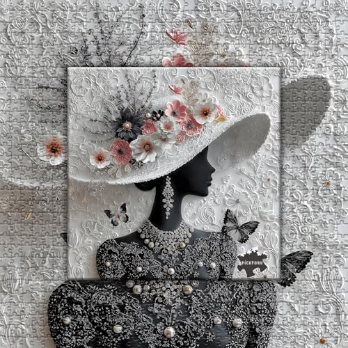 Impossible Puzzles for Adults 1000 Pieces,PICKFORU Floral Muse Puzzle Elegant Lady,Beauty Flower Woman Puzzle Black and White Pearl,Hard Challenge Jigsaw Puzzles Aesthetic - Thumbnail 7
