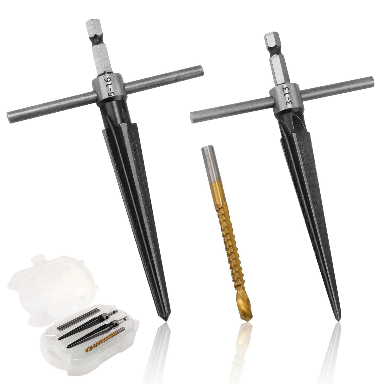 Xfopz 5pcs Tapered Reamer Tool Set, 3-13mm (1/8''-1/2'') & 5-16mm(1/2"-5/8") Bridge Pin Hole Hand Reamer Tool Detachable T-Handle Tapered Reamer for Guitars Wood Plastic PVC Pipes Cutting-image-5