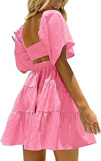 Women's Summer Dresses Square Neck Short Sleeve Cutout Crossover Elastic Waist Casual Party A-Line Mini Dress - Buy now