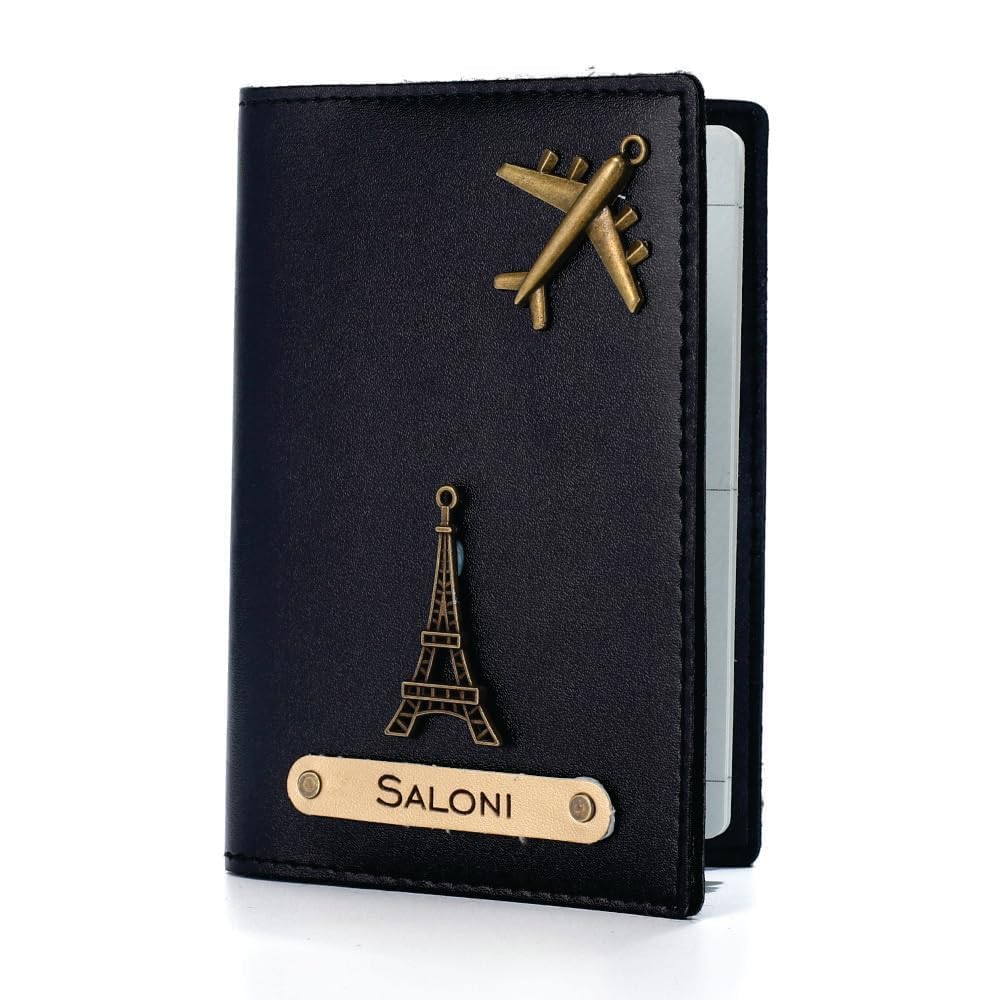 Customised Passport Cover Personalized Leather Passport Holder with Charm for Men & Women - Black