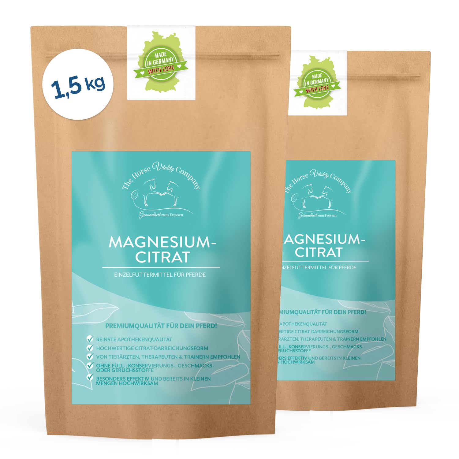 The Horse Vitality Company Magnesiumcitrat für Pferde 1,5kg | Muskeln, Nerven, Stoffwechsel & Konzentration | hochdosiertes Pulver | 100% natürlich, 0% Zusatzstoffe | Made in Germany