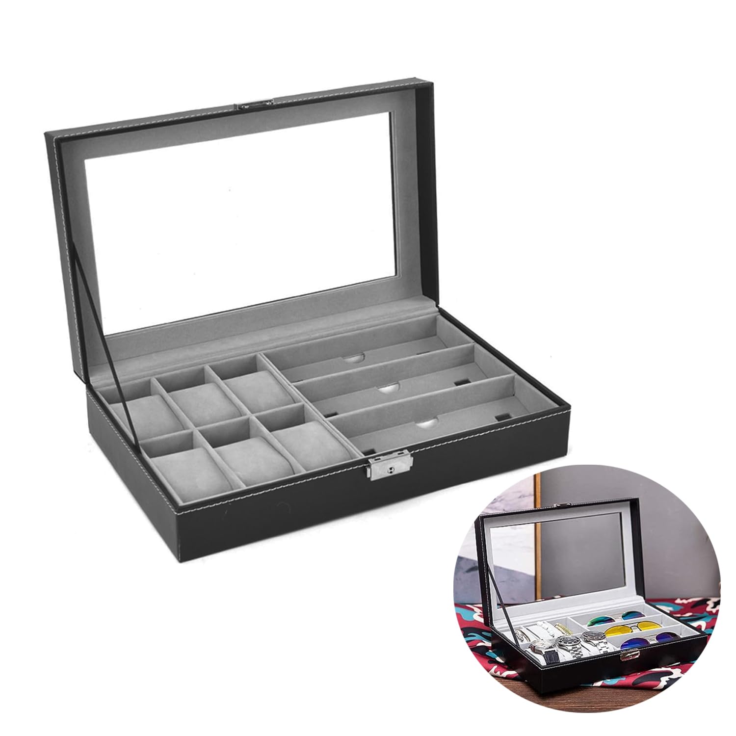 X spring Wrist Watch Case, PU Leather Watch Box, Watch Box Glasses Box, Watch Holder, Men's Sunglasses Display Box For Sunglasses Men 6 Watches and 3 Glasses, Multi-function Jewelry Box