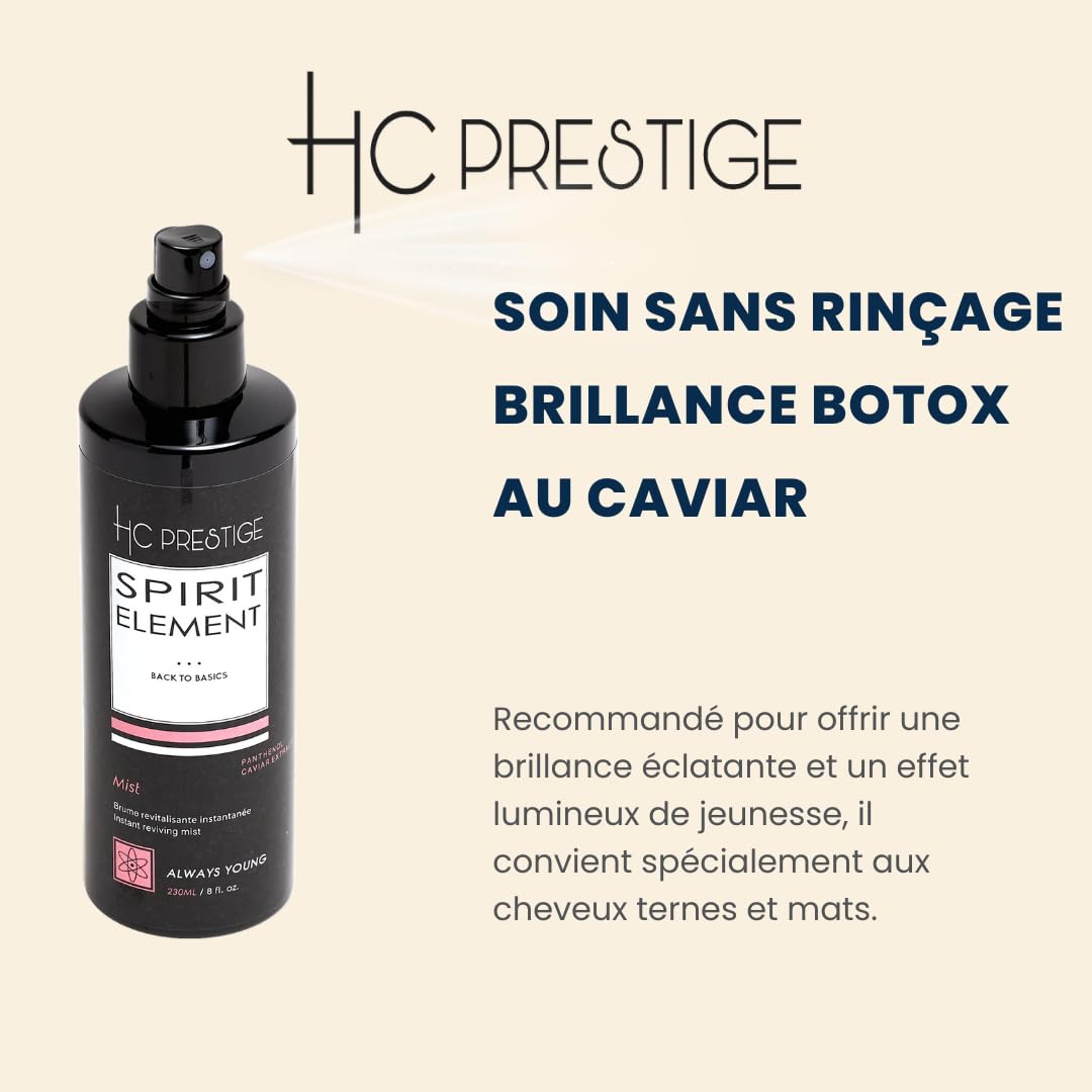 HC Prestige Mist Sans Rinçage Always Young - Effet Glossy - Hydratation Profonde & Brillance - Panthénol, Vitamine E & Caviar Marin - Formule Naturelle Silicone - Cheveux Ternes et Sec 230ML