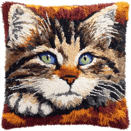 ANSIWEIGO Unique Craft Gift for Crafters,DIY Latch Hook Cushion Kit,Present for Teens,Women & Craft Lovers,Handmade Decorative Cushion for Cosy Living Room & Bedroom,17x17 in,Tabby Cat