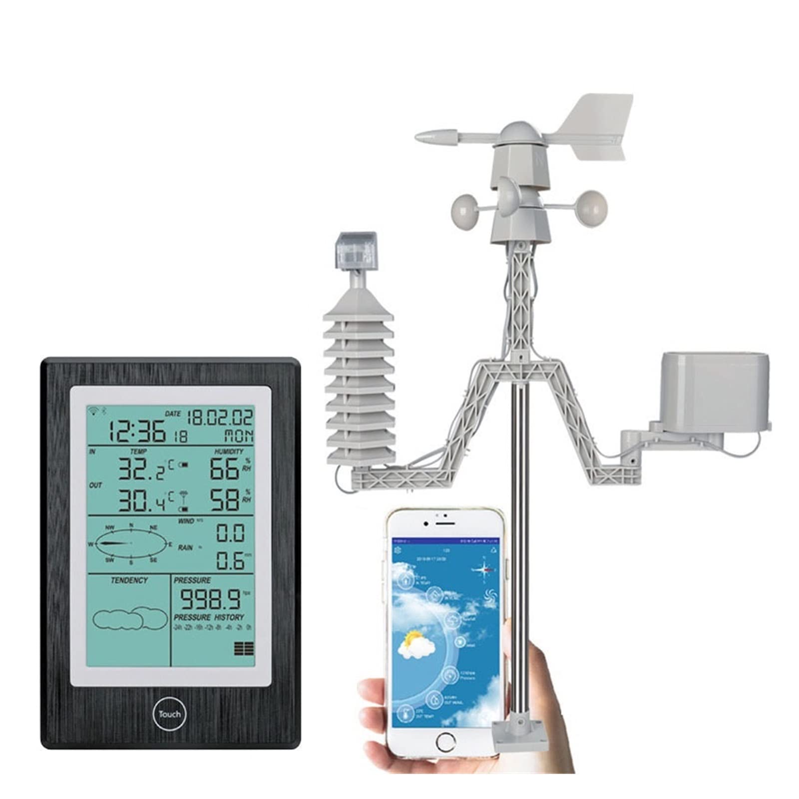 Stacja meteorologiczna, Bezprzewodowa stacja pogodowa APP Termometr Higrometr Opady deszczu Ciśnienie Kierunek prędkości wiatru Alarm danych pogodowych
